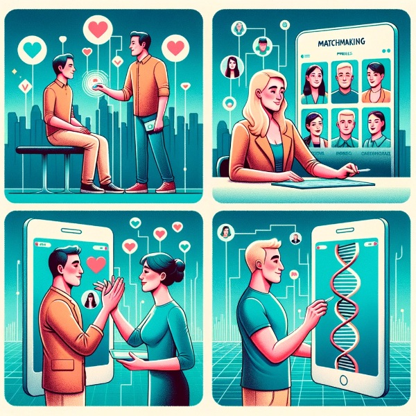 Uma infografia que retrata a jornada do namoro tradicional ao emparelhamento baseado em DNA.