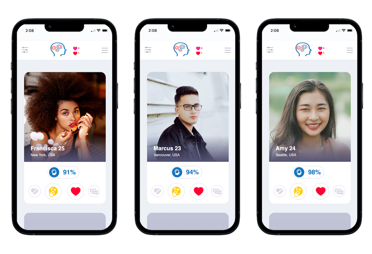 DateMetriX dating app shown on three phone screens